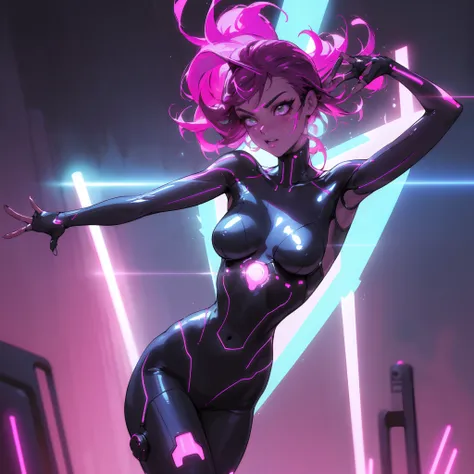 classic 80s cyberpunk synthwave sultry wild energetic sensual beautiful alluring female superhero in high tech neon power swim suit fully powered metallic surface energy pulsating sultry seduction lush sexy dance pose neon lights glowing aura glowing drama...