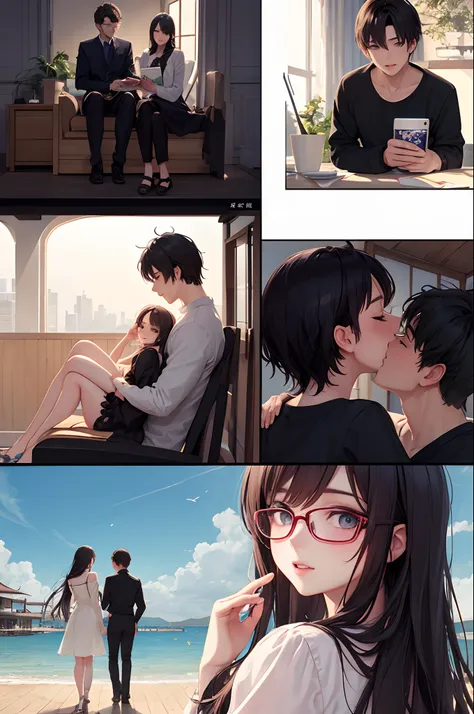 Male and female couples　The girl sits in a chair，Wear a dress。The boys hugged each other from behind。Do not wear glasses。Magical worldview。Anime comic style。top-quality