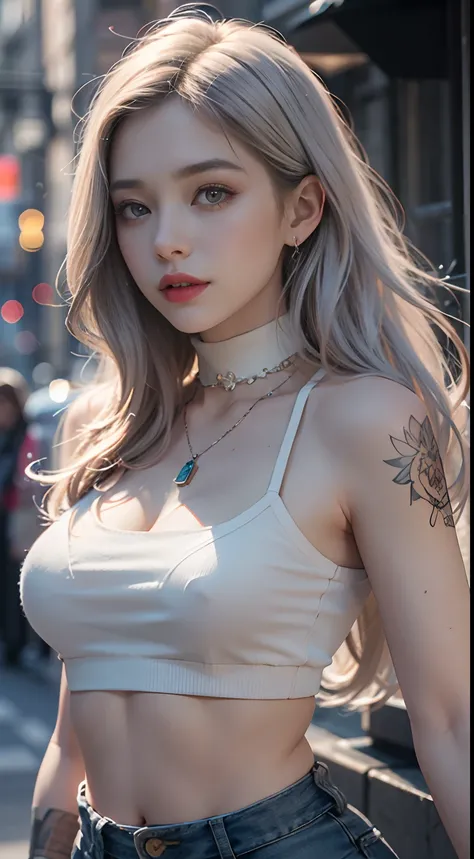 Urban Beautiful Girl College Student，tmasterpiece，Light makeup，Redlip，Silvery hair，Messy long hair，streets background，gracefulness，Elegance。ultra fine detailed，Works of masters，Authentic texture，Cinematic lighting realism，perfect works，8K，k hd，Delicate fac...