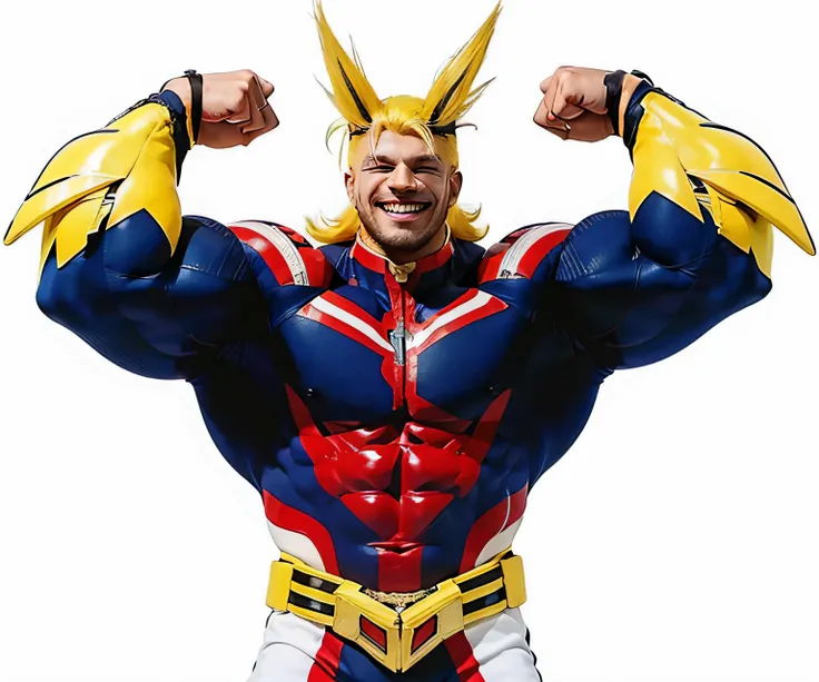 A muscular man smiling with yellow hair flexing his muscles, ultra realistic, high quality, detailed face