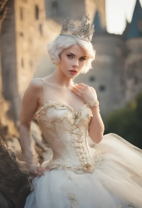 Light yellow short hair, gray eyes, light makeup on the face, crown on her head, white dress with corset, white gloves, white shoes, against the backdrop of a colorful castle