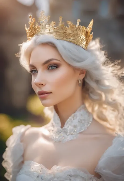 Light yellow short hair, gray eyes, light makeup on the face, crown on her head, white dress with corset, white gloves, white shoes, against the backdrop of a colorful castle