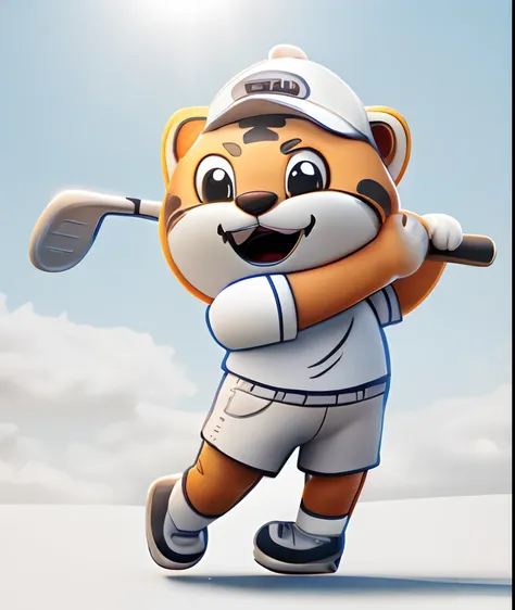 Cute cartoon tiger cartoon IP2 head，Play golf with clubs，Wear a white hat，White top，grey shorts，Blue sky，and the sun was shining brightly，ssmile，Anthropomorphic little tiger，com mascot，3D，C4D，Bland，4K，Disney  style，Photographic light，full body, chibi