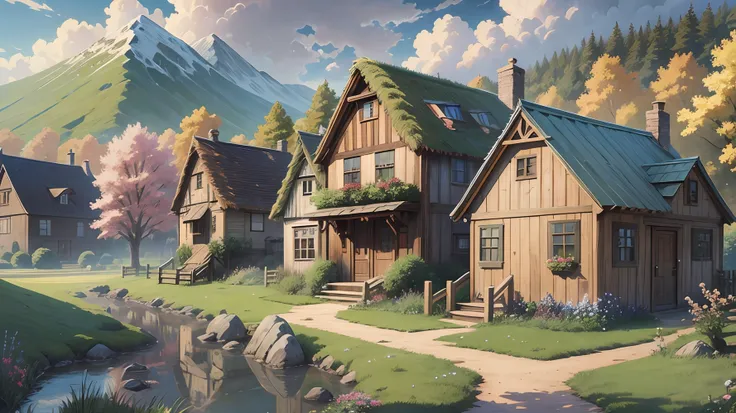 detailed realistic anime illustration of a cozy rustic village in a grand meadow --auto --s2