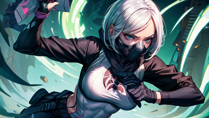 Spidergwen wearing teacher outfit and gasmask , gasmask ,  white sports bra , Running pose ,void background ,  no hoodie , white hair , white eyes ,  masterpiece