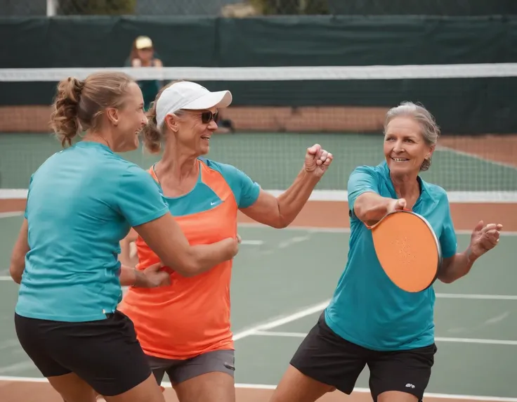 Compose an epic image of a Pickleball match, set against the backdrop of a vibrant, sun-drenched outdoor court. Capture the intense action as players engage in dynamic rallies, with their bodies lunging, and paddles poised for powerful shots. Frame the sce...