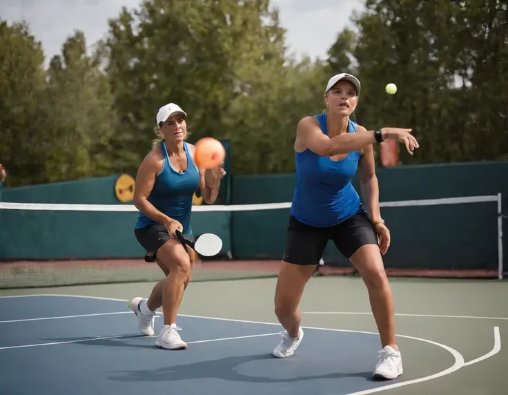 Compose an epic image of a Pickleball match, set against the backdrop of a vibrant, sun-drenched outdoor court. Capture the intense action as players engage in dynamic rallies, with their bodies lunging, and paddles poised for powerful shots. Frame the sce...