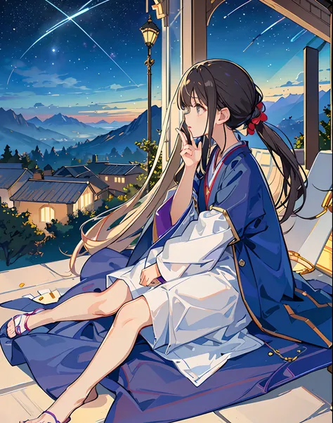 best quality, masterpiece, extremely detailed, detailed background, anime, 1girl, young girl, short girl, sci-fi, science fiction, outdoors, night, starry sky, greenhouse, megastructure, bio-dome, landscape, scenery, horizon, rooftop, sitting on rooftop, w...