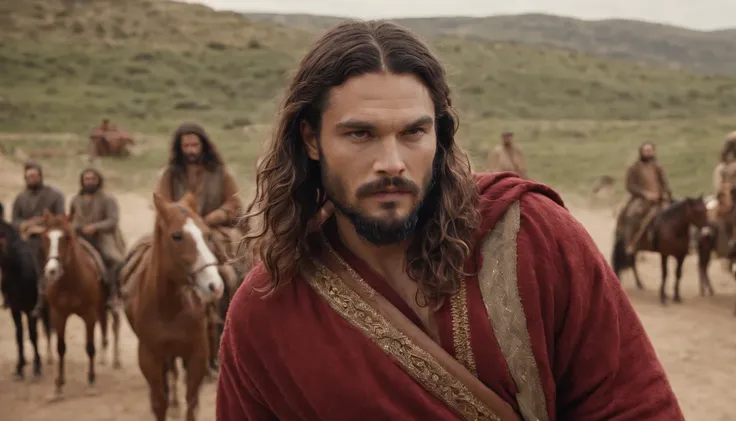 Man with beard and a red robe standing in front of a group of horses, homem bonito, homem muito atraente com barba, Raphael Lecoste, Macho bonito, jason momoa as assyrian, beautiful man, homem atraente, barba marrom curta, handsome prince of persia, Homem ...