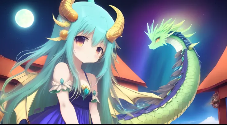 Loli Dragon, anime, cabelo azul, Quetzalcoatl, aurora boreal, noite, lua laranja