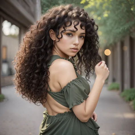 arafed woman with curly hair and a green dress posing for a picture, curly haired, curly dark hair, curly black hair, long curly hair intricate, long dark curly hair, long black curly hair, black curly hair, long braided curly hair, long wild black curly h...