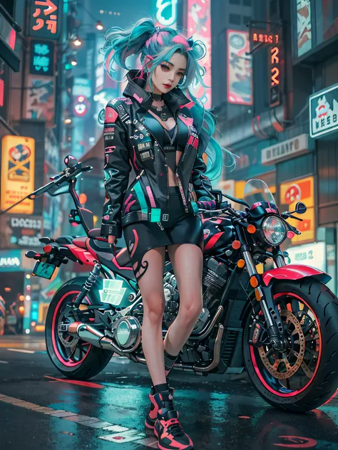 Masterpiece, Best quality, Confident cyberpunk girl, Full body shot, ((Stand in front of the motorcycle)), Popular costumes in Harajuku style, Bold colors and patterns, Eye-catching accessories, Trendy and innovative hairstyle, Vibrant makeup, Cyberpunks d...