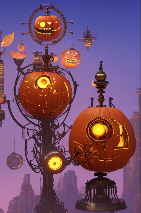 a clockwork pumpkin lantern、steampunk lab with complex machinery、the background is a night city without people、aerial perspectiv...