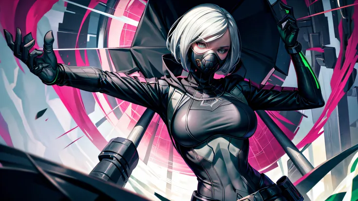 Spidergwen wearing gasmask alone , gasmask , wears huge black coat , black bra , Proud pose  ,  no hoodie , white hair , white eyes ,  masterpiece