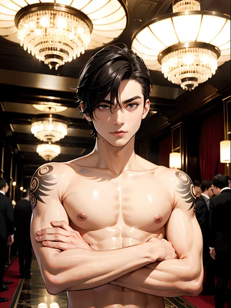 1boy,11 only、(Mans :2),(bobhair:1.5)、A dark-haired、Upper body naked、tattooed、arms folded、Casino,Luxurious chandeliers、beautiful  lighting、hightquality、masutepiece,8K,hight resolution、