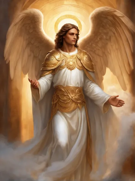 um personagem masculino, o anjo Aroch, imagem do corpo todo do anjo, imagem celestial, detalhes intricados, realista, asas ROSAS e grandes, fundo angelical, Catholic illustrative image of the Angel Aroch, Male character of the Bible, Angel Aroch is wearing...