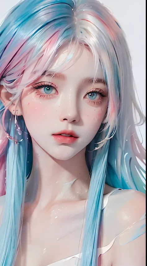 (Masterpiece, Best Quality, High Resolution), White Background, Acrylic Paint, ((Color Splash, Splash of Ink, Color Splash)), Sweet Chinese Girl, Long Light Blue Hair, [Light Blue|Pink] Hair, Curly Hair, Glitter, Peach Lips, White Shirt, Front, Upper Body