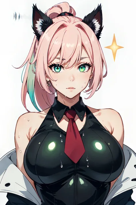 ((((mature adult tall woman, mature_face)))), (glowing green eyes), aqua cat ears, ((narrow waist)), gradient (pink hair), large breasts, large areolae, (oily skin, wet), dark skin, oily skin, sweat, ringed eyes,masterpiece, best quality, (genshin impact),...