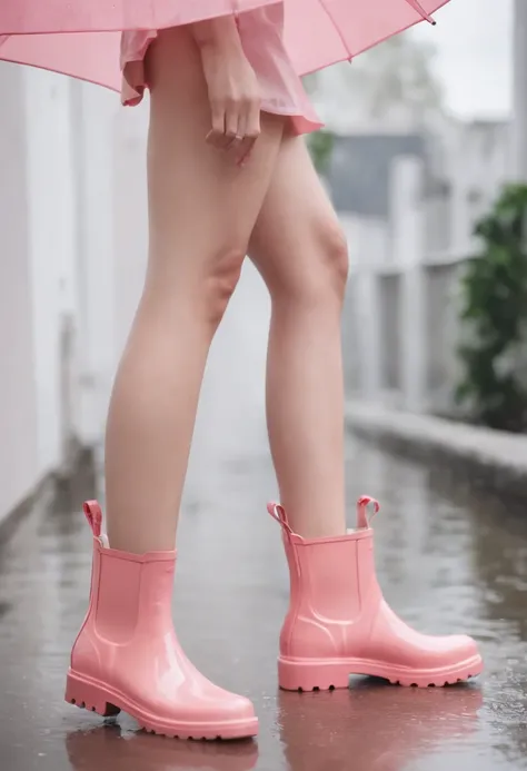 (Close up of legs of a pair of Asian women wearing pink latex shiny rain boots)，(There is a white translucent liquid on the rain boots)，Short white dress，Laughed，The background is a light-colored interior，light and shadow effect，High-precision details，Full...