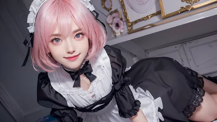 superfine illustration, very detailed beautiful face and eyes, Dynamic Angle, nigh sky, Pink eyes, Dynamic Pose, Show from head to knee, Very Shorthair, Wearing black and white maid clothes, tiny chest, ((top-quality, ultra-detailliert, 8K, a picture)), to...