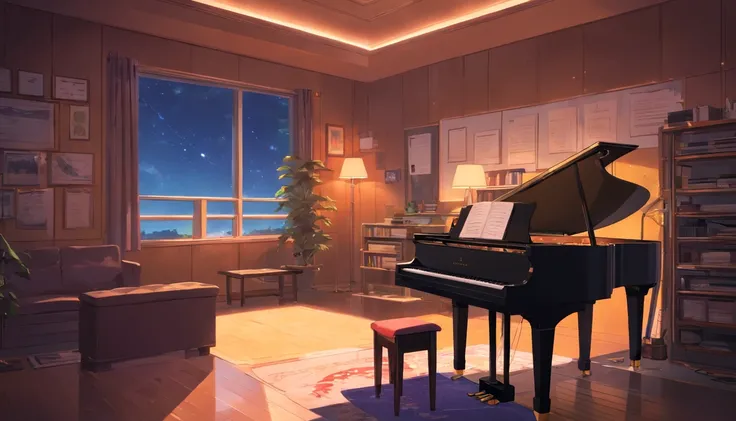 music studio room, dark room, piano, computer, small light, sit, high res, ultrasharp, 8K, masterpiece