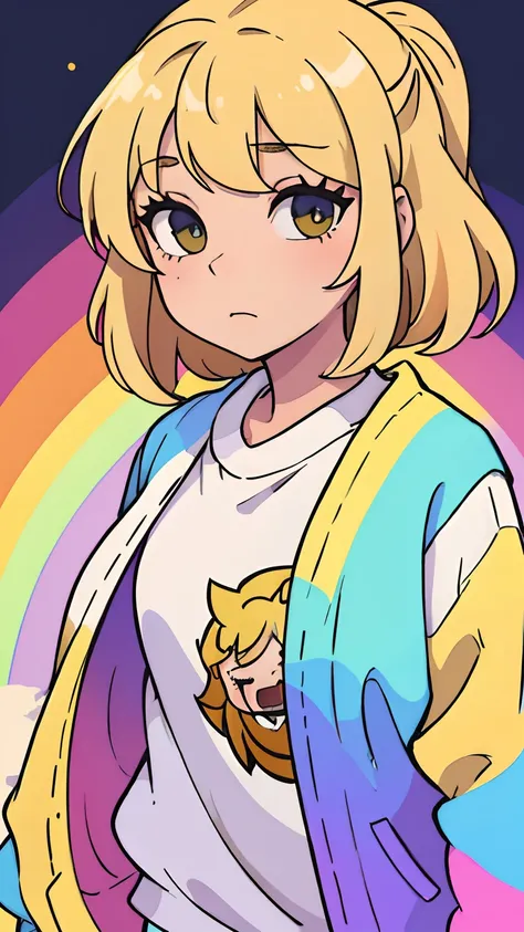 girl with short, unruly blonde hair, wearing a big rainbow-colored sweater.