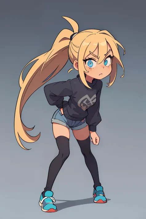 ((beste-Qualit, tmasterpiece)), 
1 girl, Cyan eyes, blonde long hair in a ponytail, dark gray sweater, Short shorts, Copron tights, Grey sneakers,