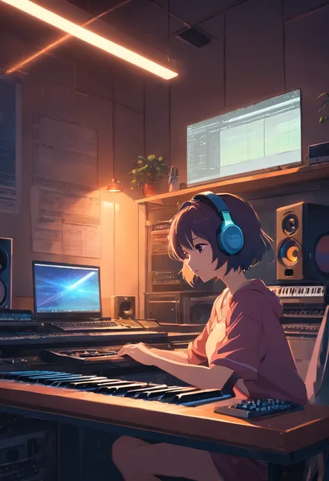 music studio room, dark room, night, computer, keyboard, headphone, monitor speaker, small light, sit, high res, ultrasharp, 8K, masterpiece