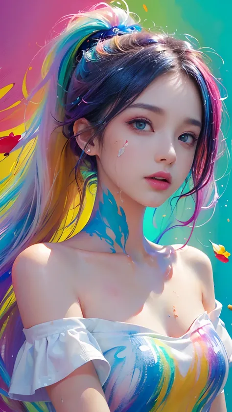 （Pink Fashion T-shirt：1.9），(Colorful hair: 1.8), (all the colours of the rainbow: 1.8),(((((vertical painting：1.6))), （painting：1.6），front, comics, illustrations, paintings, large eyes, crystal clear eyes,（ rainbow color gradient high ponytail：1.7）, exquis...