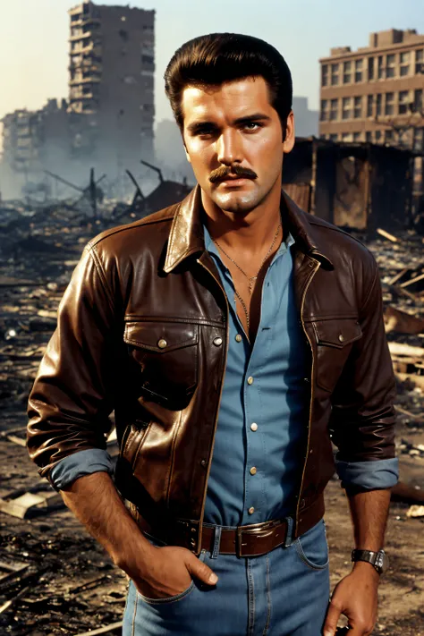 Full Color - thick, full mustache - 20-year-old Lee Majors/Elvis Presley/Lee Majors/Ben Keough, short,  buzz-cut, dark brown hair, thick, full mustache, large, curved down nose, large square chin, nice, intense eyes, wearing a light tan, leather jacket, a ...