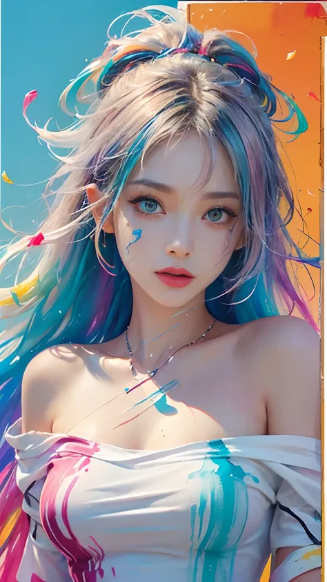 （Pink Fashion T-shirt：1.9），(Colorful hair: 1.8), (all the colours of the rainbow: 1.8),(((((vertical painting：1.6))), （painting：1.6），front, comics, illustrations, paintings, large eyes, crystal clear eyes,（ rainbow color gradient high ponytail：1.7）, exquis...