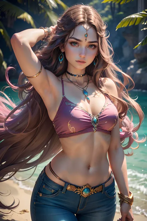 (adventurous woman), (long brown hair), (gem in hair), (chocker necklace with blue sea green pearl amulet), (pink top), (jeans), (blue eyes), (cool bracelets), (best quality,4k,8k,highres,masterpiece:1.2), ultra-detailed, (realistic,photorealistic,photo-re...