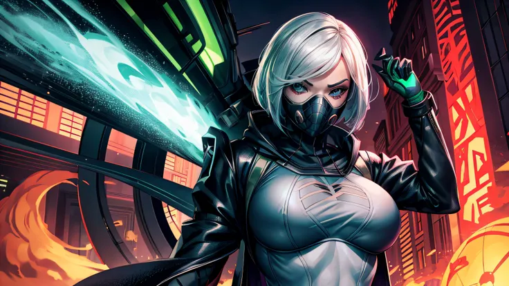 Spidergwen wearing gasmask , alone  , gasmask , wears huge black coat , White bra , sexy pose  ,  no hoodie , white hair , white eyes ,  masterpiece