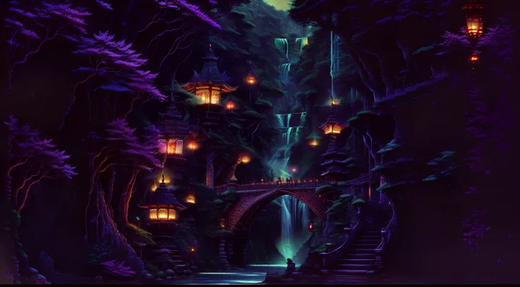 there is a waterfall with a bridge and lanterns in the middle, beautiful detailed pixel art, epic rivendell fantasy, rivendell, lothlorien at night, inspired by Andreas Rocha, scene where she is in rivendell, by Andreas Rocha, detailed fantasy digital art,...