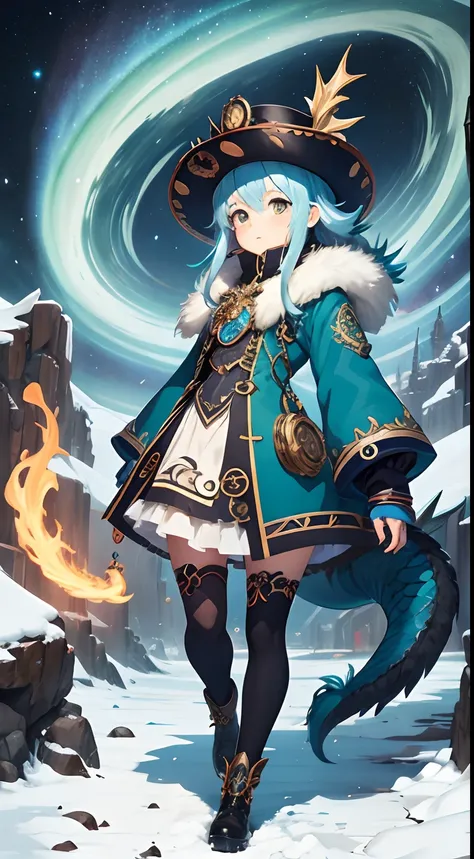 Loli Dragon, penas, anime, cabelo azul, Quetzalcoatl, aurora boreal, noite, lua laranja, Steampunk, neve, roupa de inverno