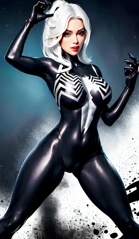 4K，realisticlying，Glamorous，The is very detailed，There is a girl in Dingcheng，Wearing a black Spider-Man costume，（Black and white：1.4） the night,symbiote，venomize，a large amount of mucus,she is a spiderman，Black superhero theme，In front of the sky，Flushed ...