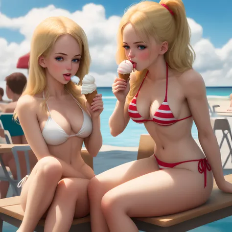 Blonde in bikini on her knee licking an ice cream cone