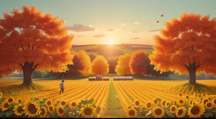 scene representing the month of ((september)), Falling Leaves, Apple Picking, Harvest Festivals, Sunflowers, Grape Harvest, Equinox. ((wide shot)) ((in the style of "OMITB")) ((cinematic style)) ((no people))