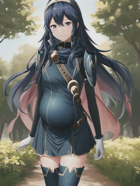 Lucina_echoes, 1girl, solo, looking at viewer, smile, long hair, pregnant, thighhighs, gloves, dress,  shoulders, elbow gloves, belt, armor, zettai ryouiki, headband, arms behind back, short dress, breastplate, nature, park, trees