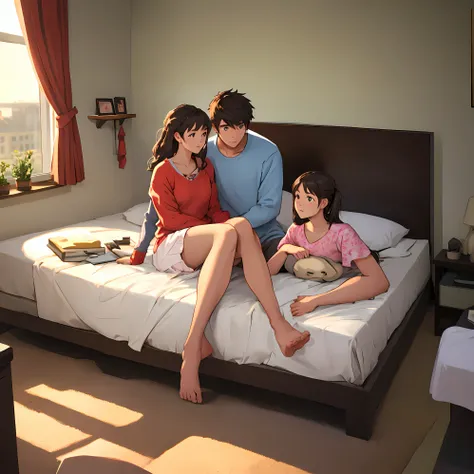 A guy and a girl are sitting on a bed at home