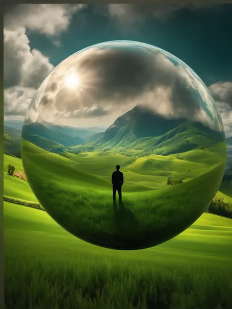 A giant mirrored sphere floating in space, luzes cintilantes,  sky sky sky, Higher dimensions of space, Man looking into space  (sky like green fields surrounded by high mountains and clouds, realista:1.3), particles in the air, raios de deus, estrelas ao ...