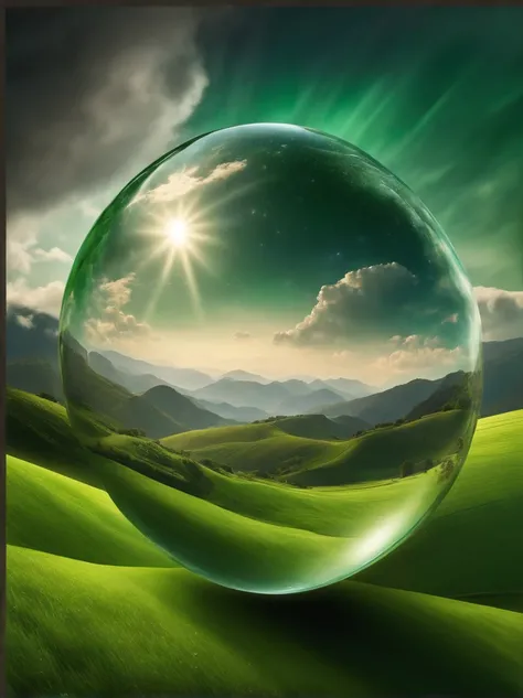 A giant mirrored sphere floating in space, luzes cintilantes,  sky sky sky, Higher dimensions of space, Man looking into space  (sky like green fields surrounded by high mountains and clouds, realista:1.3), particles in the air, raios de deus, estrelas ao ...