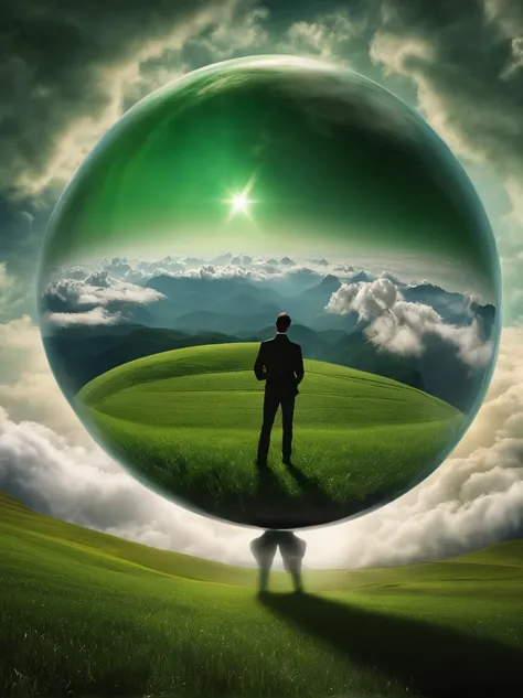 A giant mirrored sphere floating in space, luzes cintilantes,  sky sky sky, Higher dimensions of space, Man looking into space  (sky like green fields surrounded by high mountains and clouds, realista:1.3), particles in the air, raios de deus, estrelas ao ...