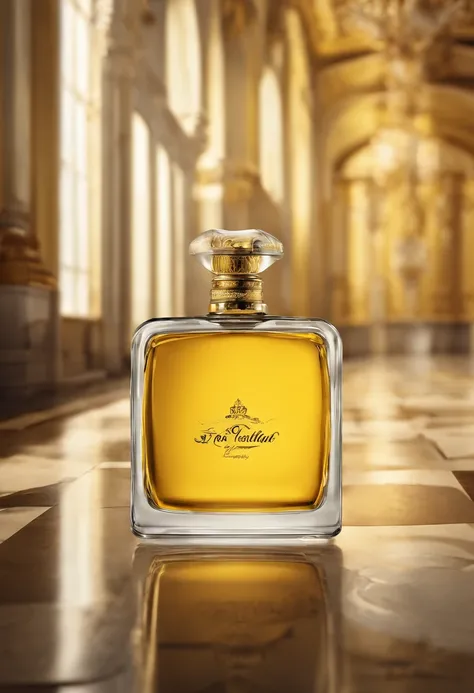 realistic photography, advertising, product, yellow round perfume bottle, on the floor of the long corridor of the royal castle, volumetric, cinematic, high details, contrast, color grading, sharpness, depth effect, 35mm, iso 100