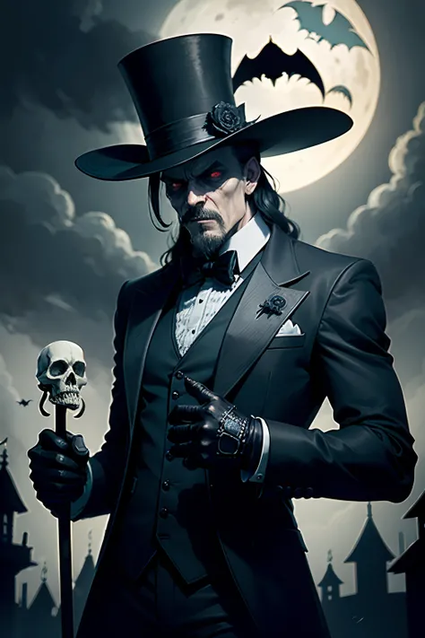 A scary looking man who is a creepy undertaker with a skull for a head, wearing a tuxedo and top hat, holding a shovel, background is a full moon and bats, mood is morbid, shadowy, dreadful, gloomy, haunting, dark stormy sky, dramatic lighting, character d...