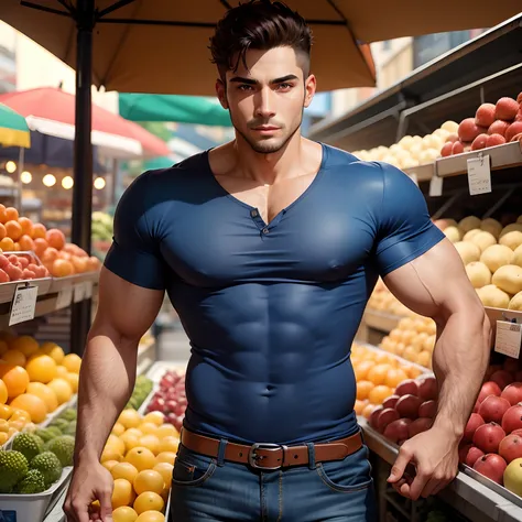 Homem brasileiro sexy sem camisa vestindo jeans com olhos azuis. Fundo mercado de frutas