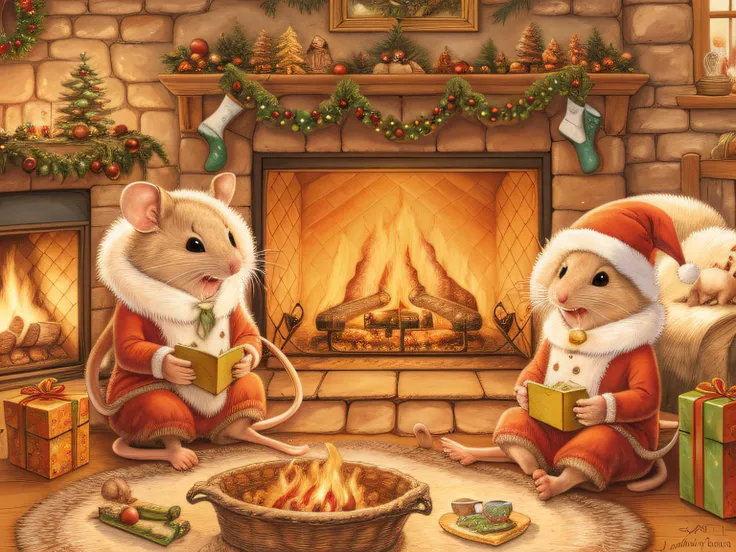 painting of a family of mice sitting around a christmas tree, mousefolk, full color illustration, by Jan Brett, inspired by Jan Brett, storybook illustration, by Jan Kip, christmas night, roaring fire, inspired by Jan Kip, published art, by Elaine Hamilton...