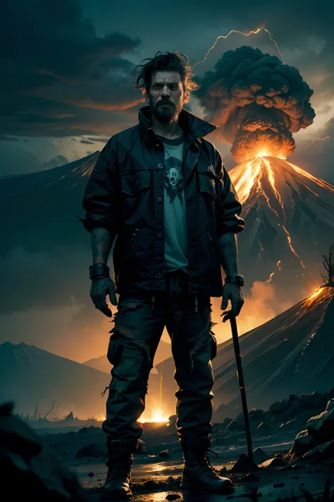 A mean looking man with sloppy hair, wearing tattered clothes, holding a skull in his hand, background is dark storm clouds, erupting volcano, rain, mood is gloomy, desperate, confining, depressing, night time light, character design.