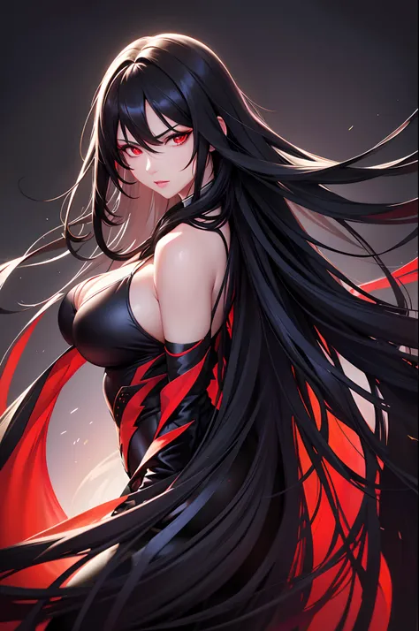 Mulher,long black hair,red eyes,big breasts,serious expression,black blouse,black pants,(best quality:1.2),vivid colors,ultra-detailed,realistic,portrait,studio lighting