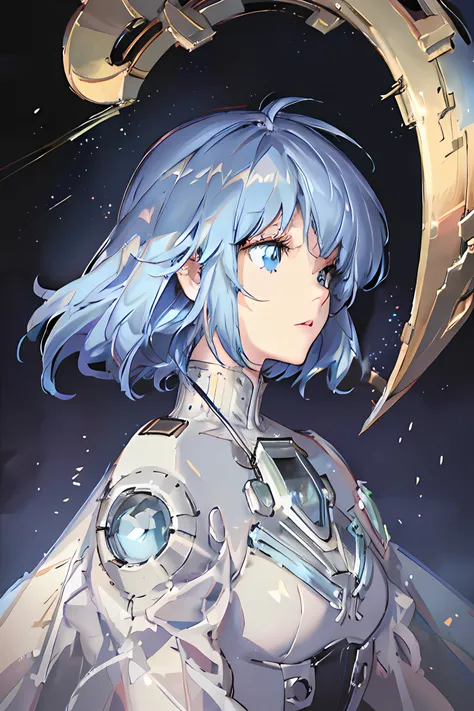 Full of realistic details, 8K quality, delicate colors, white tones, mecha helmet with aperture, weapon (1.3), sideways gaze in the blue starry sky, raining, with shooting stars dotted sky